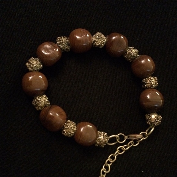 Gold-tone and Wood Bead Bracelet