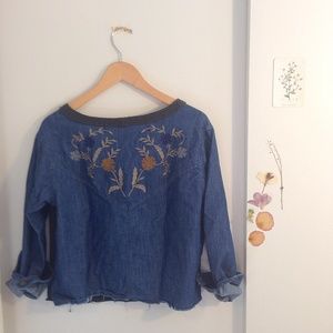 Free People • Denim Sweater w/ Floral Embroidery