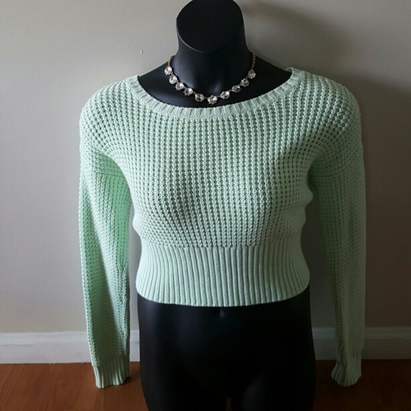 Bar III Waffle Knit Mint Crop Sweater - Picture 2 of 3
