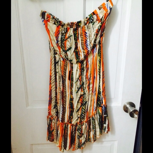 Strapless striped orange and green dress