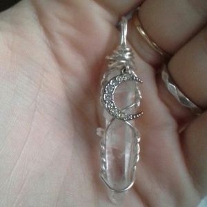 Quartz crystal point wire wrap with moon