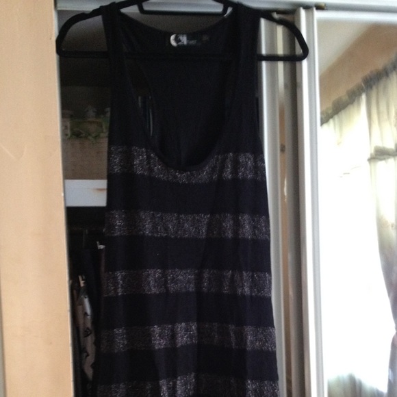 Black and gold sequined racer back dress.