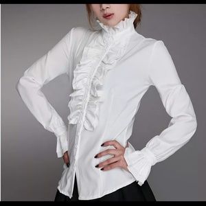 White Victorian style high collar ruffle top