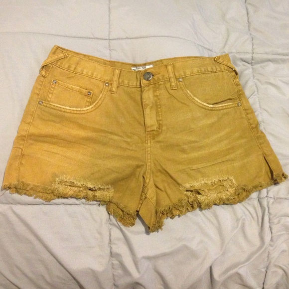 Free People Distressed Mustard Denim Shorts