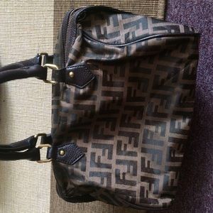 Black satchel with F print