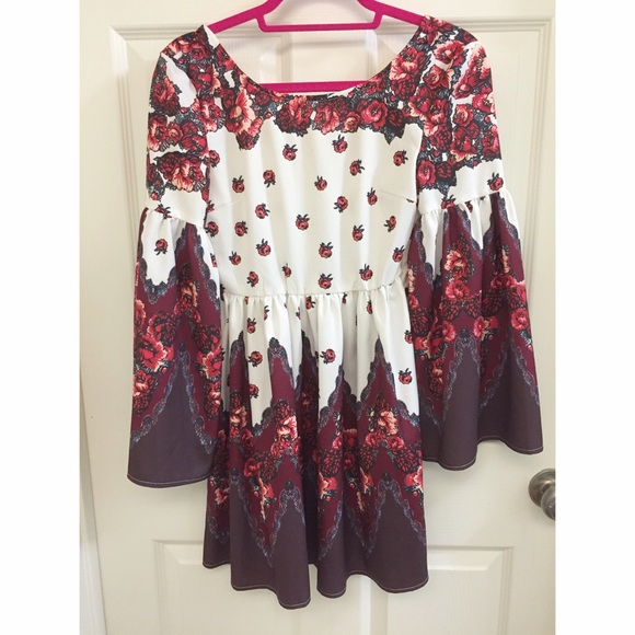 Floral Red Rose Bell Sleeve Dress