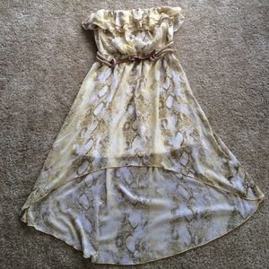 Strapless yellow snakeskin print dress with belt