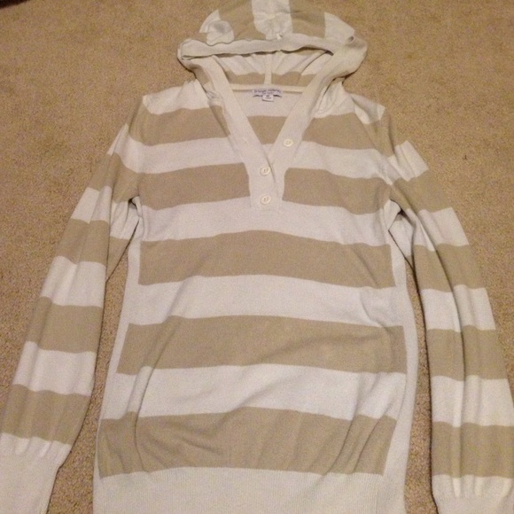 Striped Tan And White Sweater With Hood