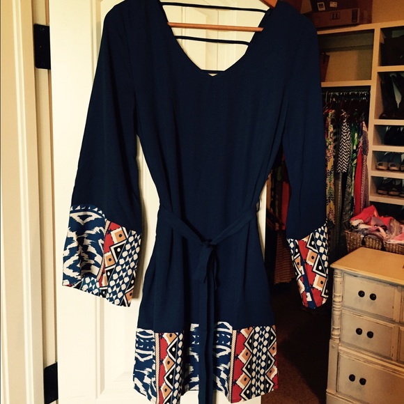 Navy Tribal-Trim V-Neck Dress