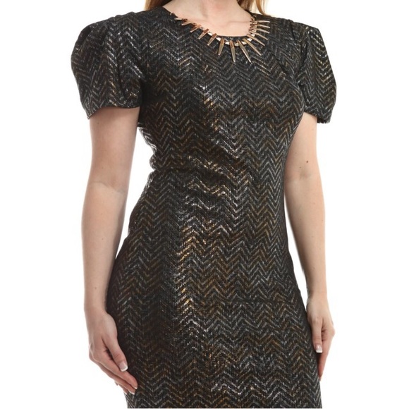 Plus Size Metallic Chevron Dress w/ Gold Necklace - Picture 2 of 4