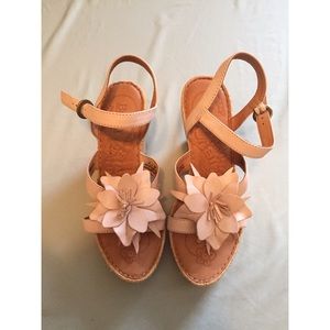 Pale Pink Leather Wedges with Flower Detail