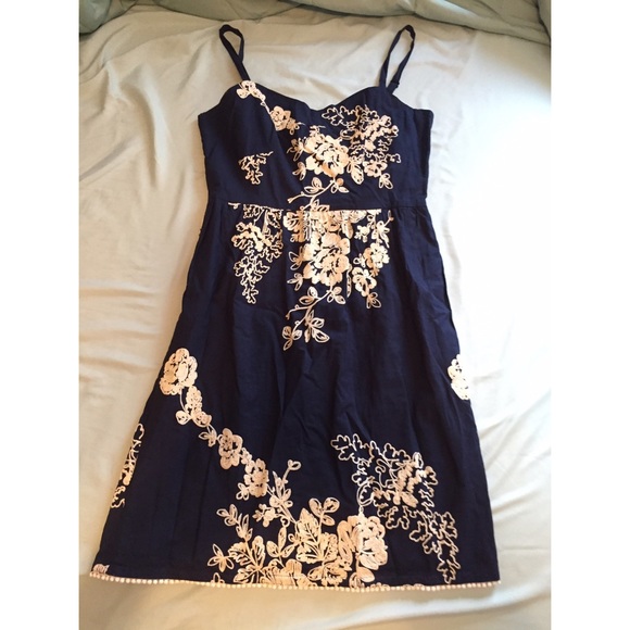 Navy Day Dress with Floral Embroidery