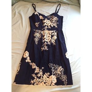 Navy Day Dress with Floral Embroidery