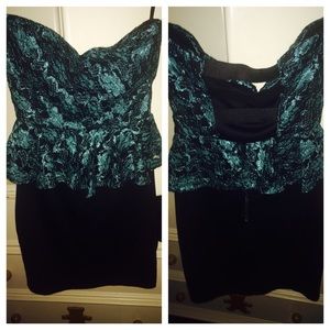 Strapless teal peplum fitting dress