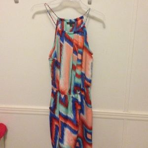Blue, peach, and red dress. has pockets. Medium.
