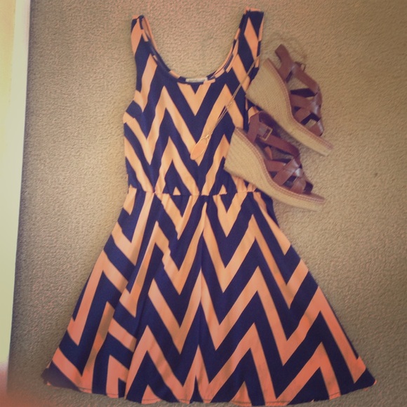 Peach and Navy Chevron Dress