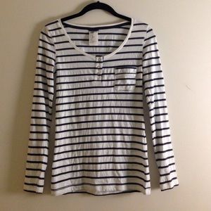 long sleeved navy and white stripped top