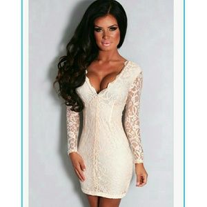 Norah Nude sexy V PLUNGE Lace Long Sleeved Dress
