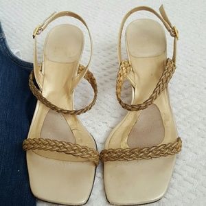 Stuart Weitzman "Siamese" gold kitten heel sandal