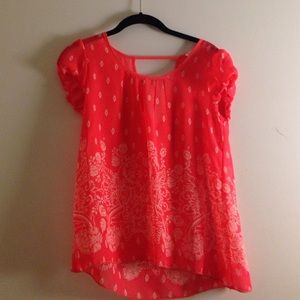 Orange chiffon patterned top w/ open back