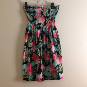 strapless floral print mini dress