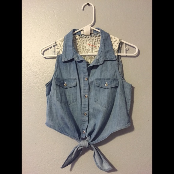 Cropped tie front lace denim button up