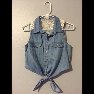 Cropped tie front lace denim button up