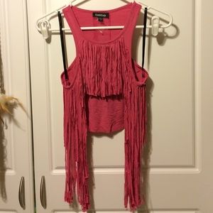 BEBE Pink fringe crop top with mesh back inset