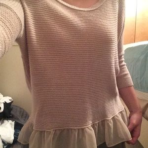 Pink/nude 3/4 sleeve ruffle knit sweater