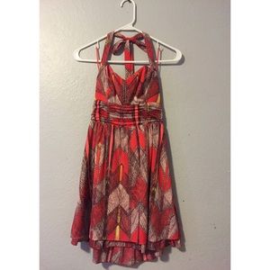 Orange patterned sweetheart halter A-line dress