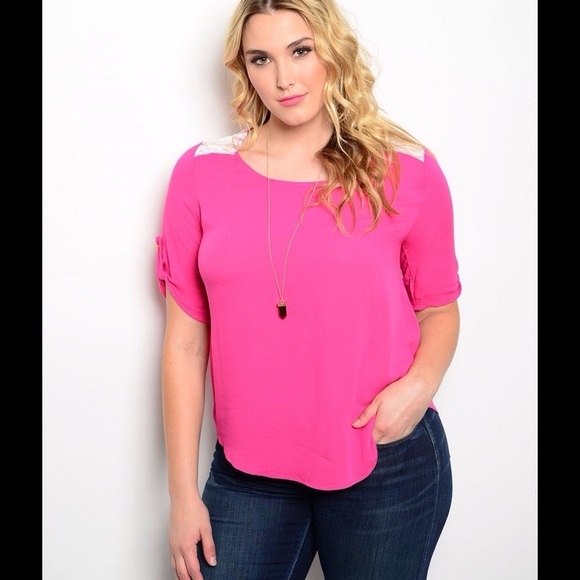 Tops Hot Pink White Lace Short Sleeve Blouse Poshmark