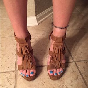 Tan fringe wedges