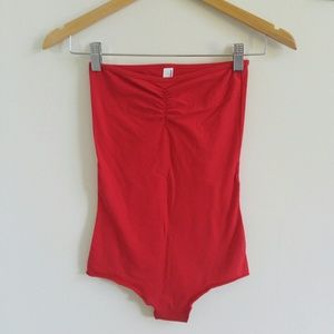 American Apparel Strapless Ruched Red Bodysuit