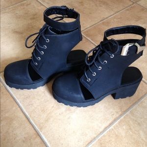Misguided black ankle buckle boots