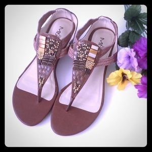 MIA Brown Genuine Leather & Beaded Thong Sandals