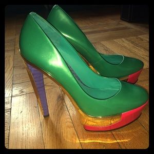 B Brian Atwood Pink Green Gold Platform Pumps 7