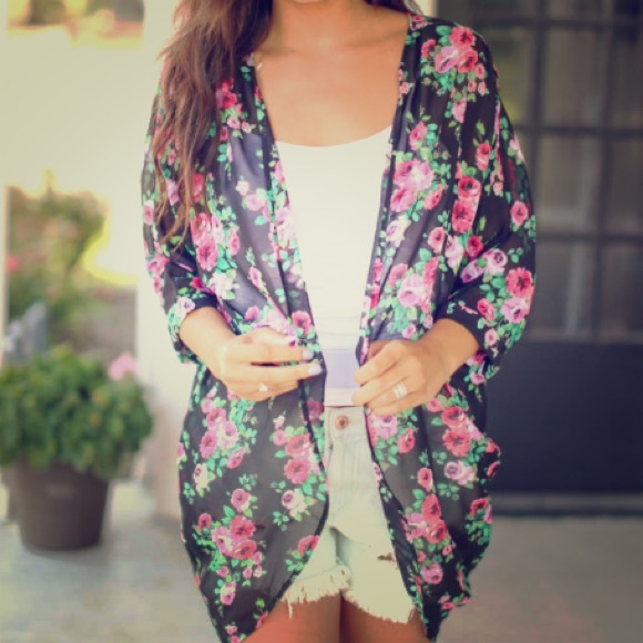 Hazel and Olive Tops - Boutique chiffon black floral kimono