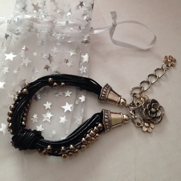 Jewelry - Black Beaded Rope Bracelet with Flower Charm