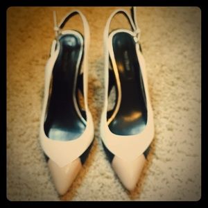 Black/taupe slings with low heel