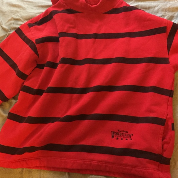 A red and black stripped hoody
