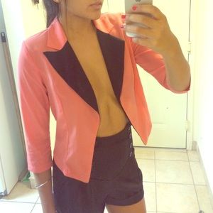 Salmon pink and black cropped blazer