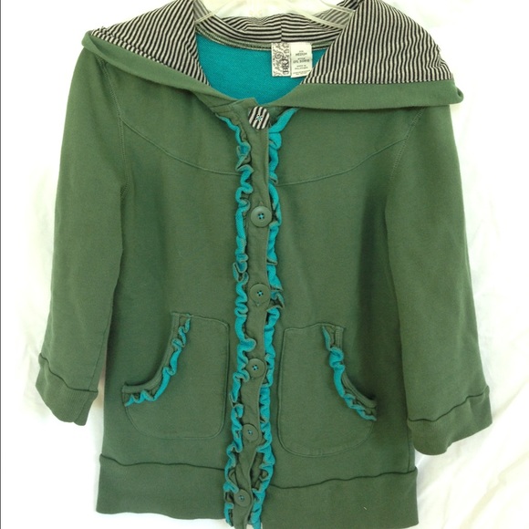 Forest green button up sweater with striped hood.