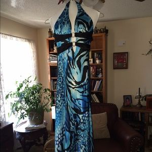 Blue and black animal print prom dress