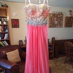 Strapless coral prom dress