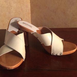 Michael Kors white & wood slip on heels