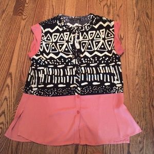 reddish- brown with black & white pattern blouse!