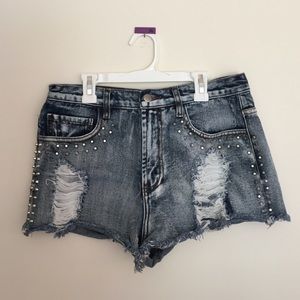 Distressed & Studded High Waisted Shorts
