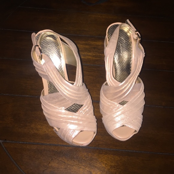 beige Jessica Simpson heels with a soft sparkle