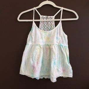White with pastel tie dye colored razor back tank