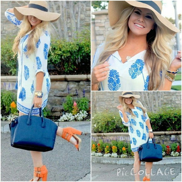 Leaf Print Boho Summer White Blue Cute Dress